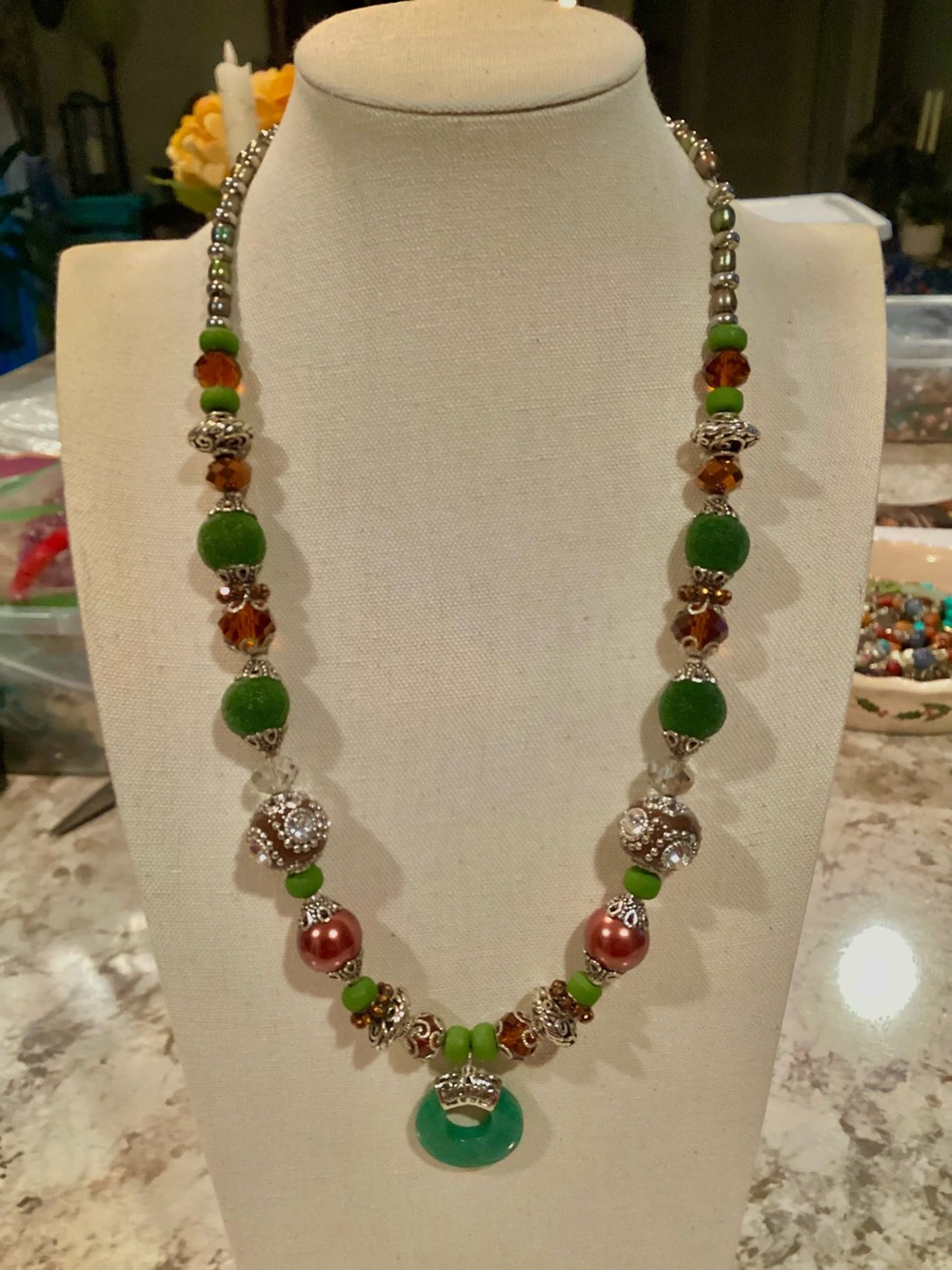 Handcrafted Designer Green and Amber Beaded Necklace Green Jade like pendant.